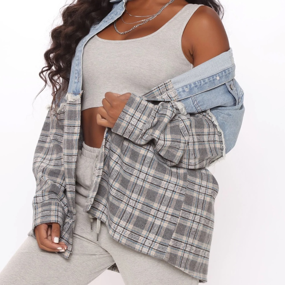 Kirra Oversized Denim plaid Jacket - Charcoal/combo